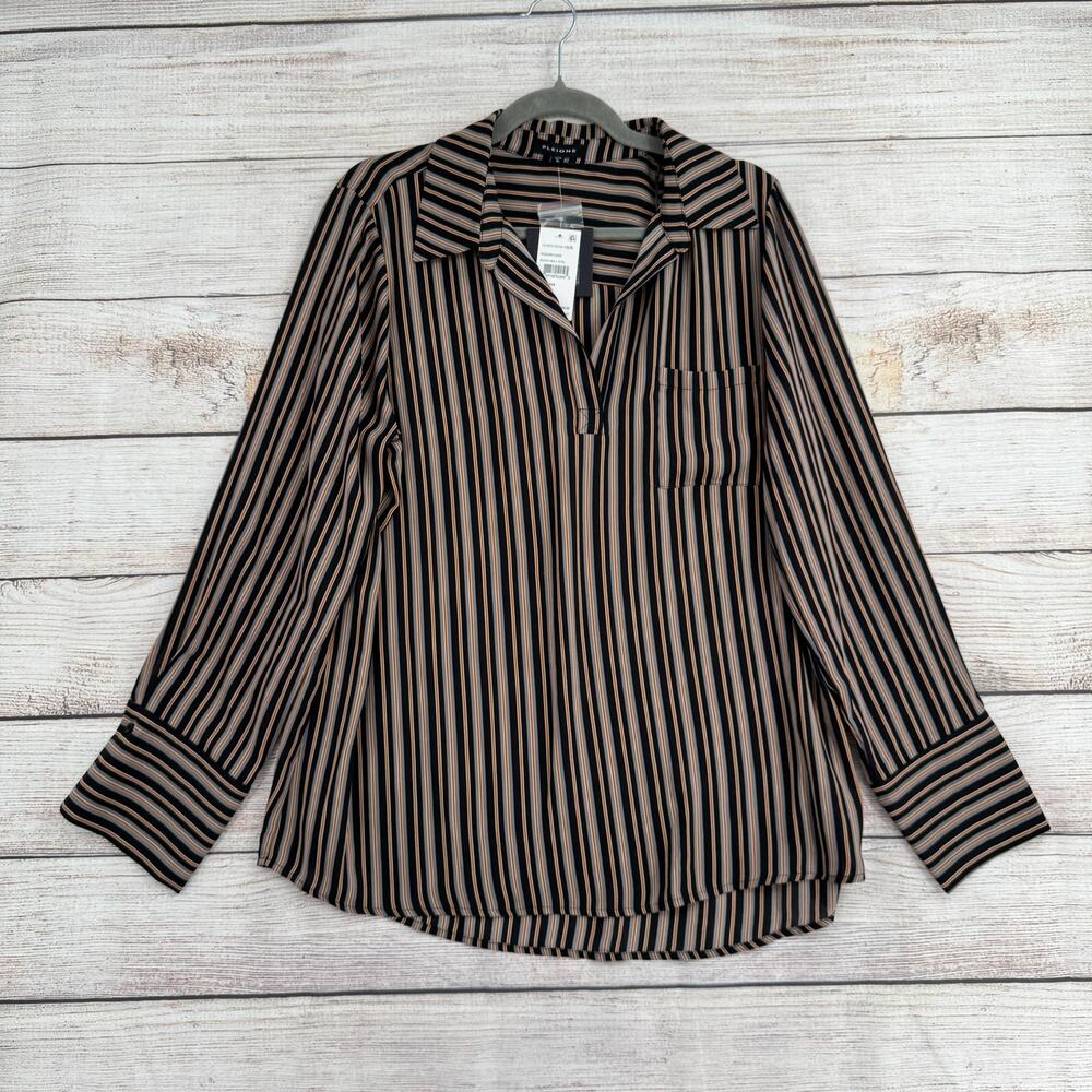 Pleione Striped V-Neck Long Sleeve Blouse Womens XL Black Gray Rust NEW